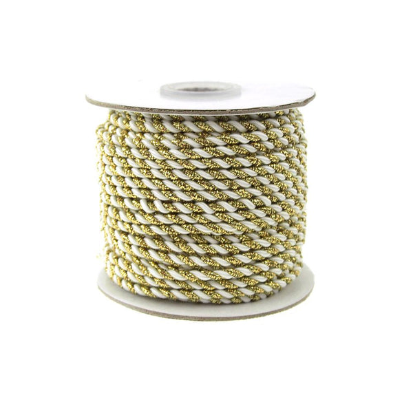 Gold Trim Twisted Cord Rope 2 Ply, 3mm, 25 Yards, White