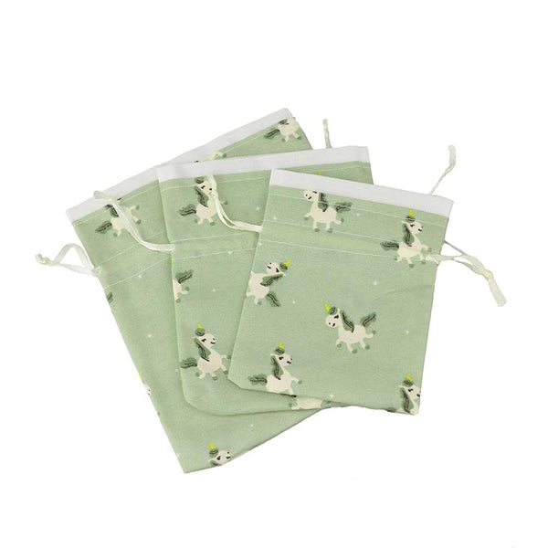 Drawstring Unicorn Pouches, Assorted Sizes, 3-Piece, Dusty Green