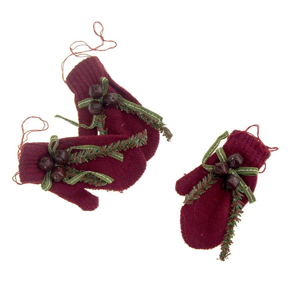 Hanging Polyester Mittens Christmas Tree Ornament, Burgundy Bells, 3-Piece