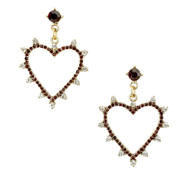 Rhinestone Heart Drop Earrings, Red, 1-1/2-Inch