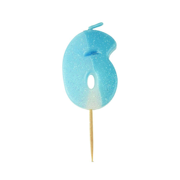 Number 6 Glittered Birthday Candle, Blue, 1-3/4-Inch