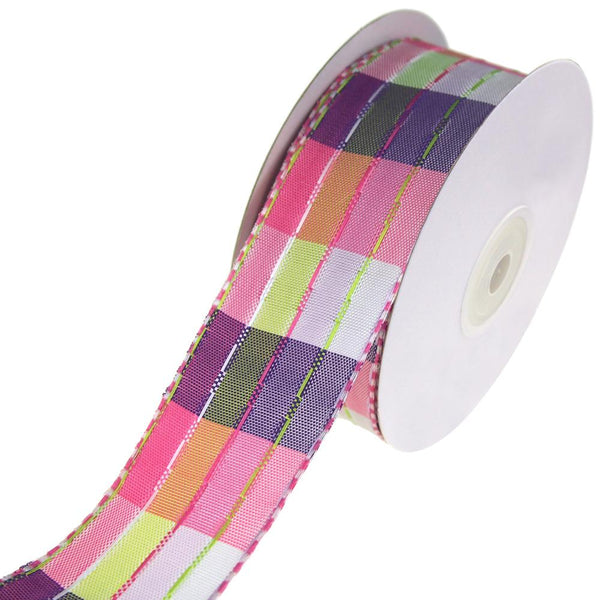 Colorful Stitched Line Plaid Ribbon, Pink, 1-1/2-Inch, 10-Yard