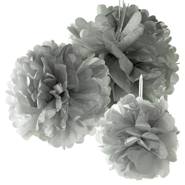 Hanging Paper Pom Poms Ball Centerpiece, Metallic Silver, Assorted Sizes, 3-Piece