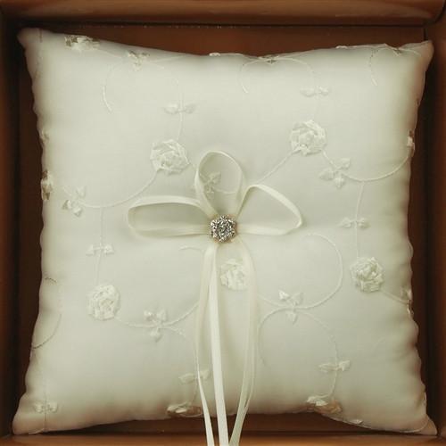 Ring Bearer Satin Pillows Wedding Occassion, 7-inch, Embroidered Flower Vines, Ivory, CLOSEOUT