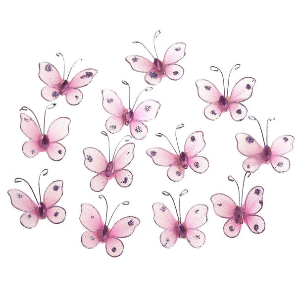 Organza Nylon Glitter Butterflies, 1-inch, 12-Piece, Light Pink