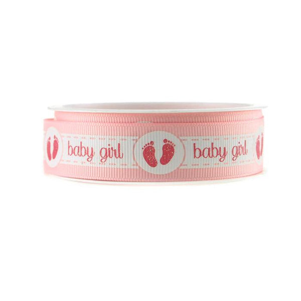 Baby Girl Baby Boy w/ Footprint Grosgrain Ribbon, 7/8-Inch, 3-yard, Light Pink