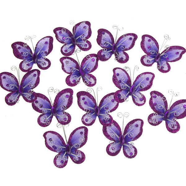 Organza Nylon Glitter Butterflies, 2-inch, 12-Piece, Purple