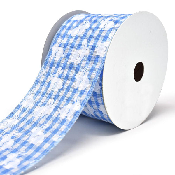 White Bunny Printed Gingham Wired Ribbon, 2-1/2-Inch, 10-Yard, Light Blue