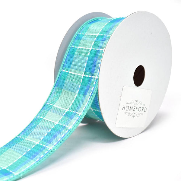 Iris Dash Plaid Wired Ribbon, Aqua, 1-1/2-Inch, 10-Yard