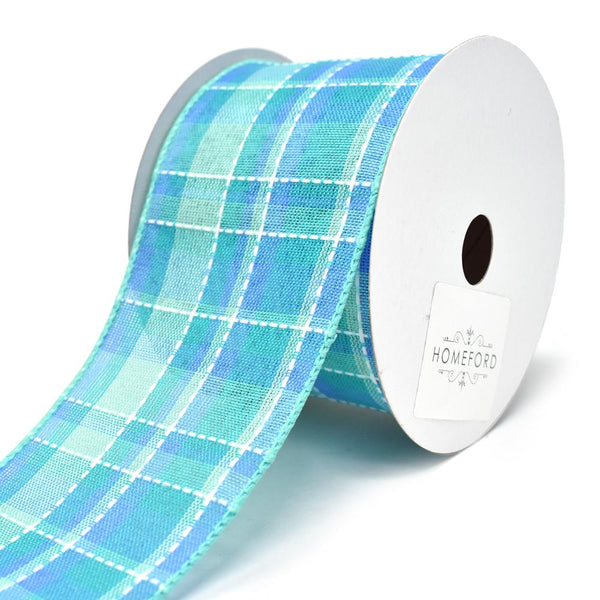 Iris Dash Plaid Wired Ribbon, Aqua, 2-1/2-Inch, 10-Yard