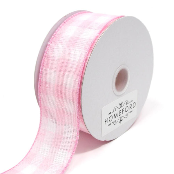 Colorful Gingham Checkered Linen Wired Ribbon, Pink, 1-1/2-Inch, 10 Yards