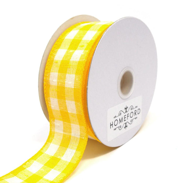 Colorful Gingham Checkered Linen Wired Ribbon, Yellow, 1-1/2-Inch, 10 Yards