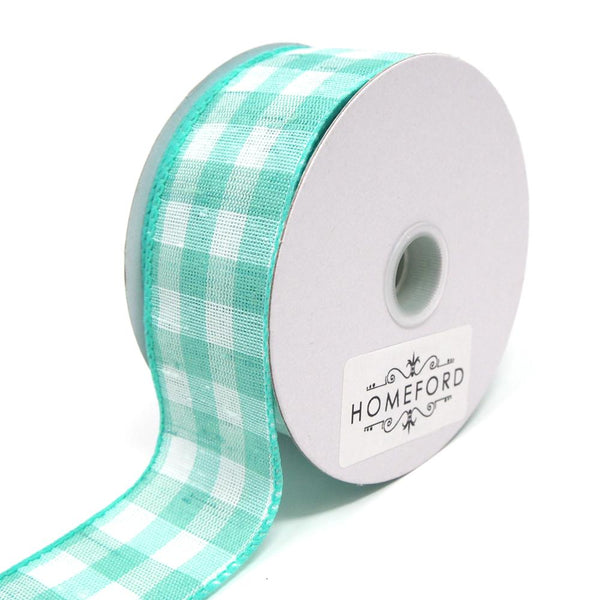 Colorful Gingham Checkered Linen Wired Ribbon, Aqua, 1-1/2-Inch, 10 Yards