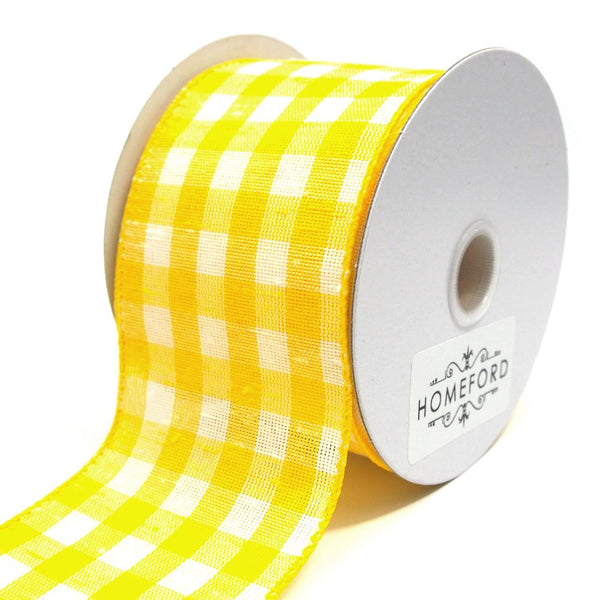 Colorful Gingham Checkered Linen Wired Ribbon, Yellow, 2-1/2-Inch, 10 Yards