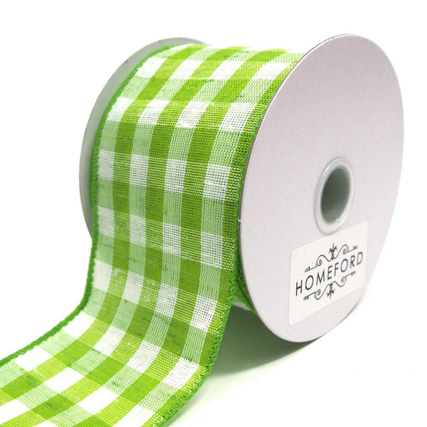 Colorful Gingham Checkered Linen Wired Ribbon, Kiwi, 2-1/2-Inch, 10 Yards