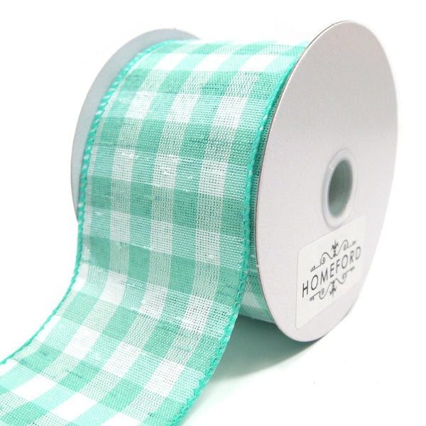 Colorful Gingham Checkered Linen Wired Ribbon, Aqua, 2-1/2-Inch, 10 Yards