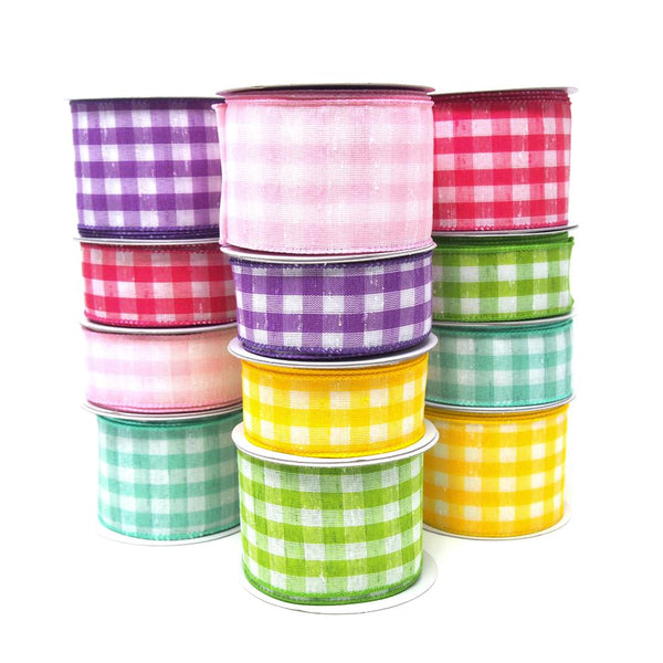 Colorful Gingham Checkered Linen Wired Ribbon, 10 Yards