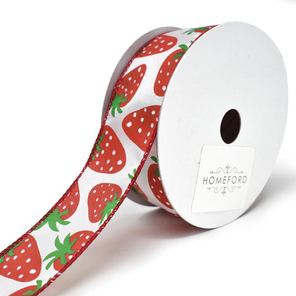 Strawberry Satin Wired Printed Ribbon, 1-1/2-Inch, 10-Yard