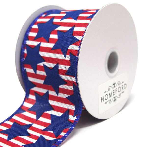 Big Blue Stars Red Striped Linen Wired Ribbon, 2-1/2-Inch, 10 Yards