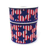 Big Blue Stars Red Striped Linen Wired Ribbon, 10 Yards