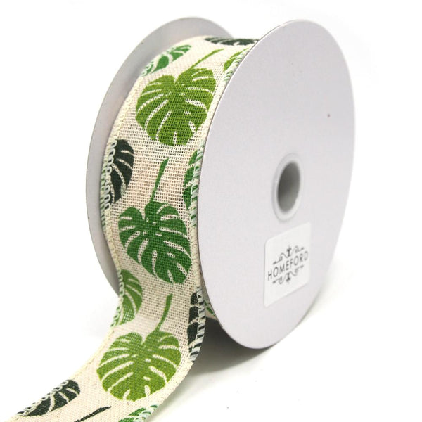 Green Monstera Leaves Print Ivory Canvas Ribbon, 1-1/2-Inch, 10 Yards