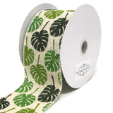 Green Monstera Leaves Print Ivory Canvas Ribbon, 10 Yards