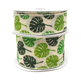 Green Monstera Leaves Print Ivory Canvas Ribbon, 10 Yards