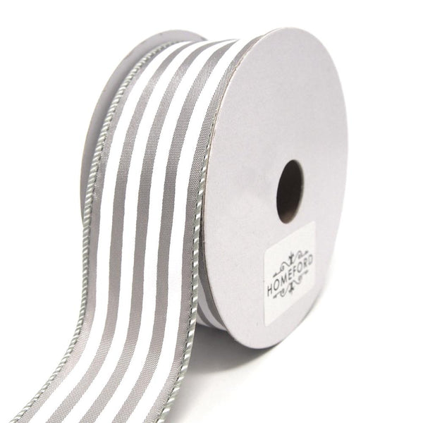 Cabana Stripes Satin Wired Ribbon, Silver, 1-1/2-Inch, 10 Yards