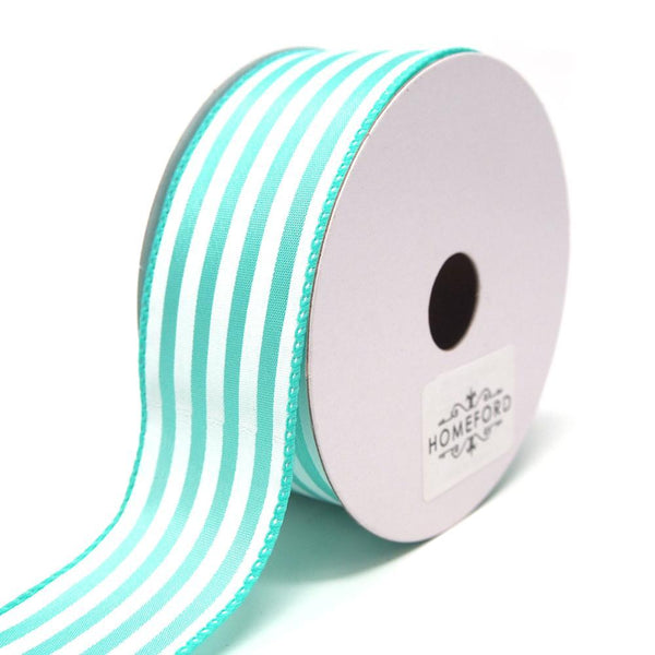 Cabana Stripes Satin Wired Ribbon, Aqua, 1-1/2-Inch, 10 Yards