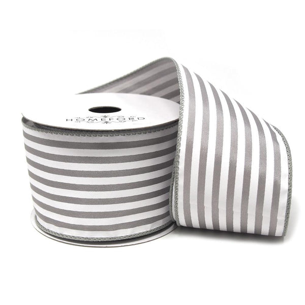 Cabana Stripes Satin Wired Ribbon, Silver, 2-1/2-Inch, 10 Yards