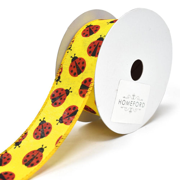 Red Lady Bugs Wired Linen Ribbon, 1-1/2-Inch, 10-Yard, Daffodil