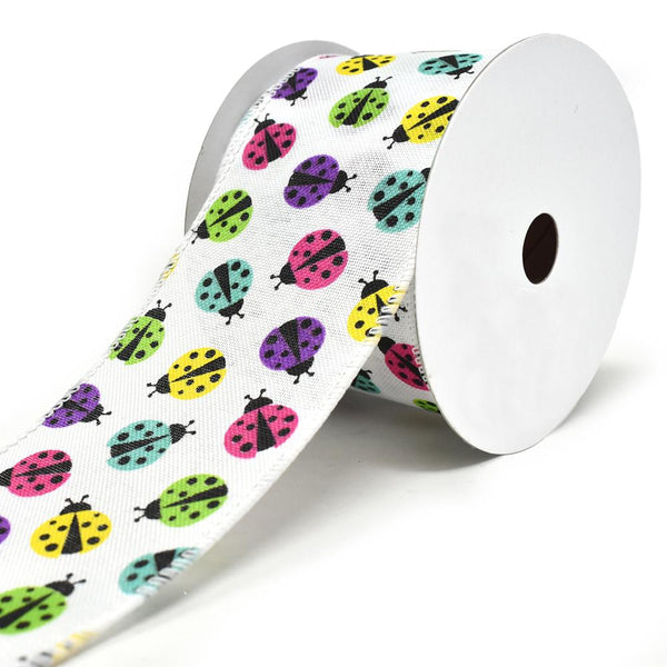 Vibrant Colored Lady Bugs Wired Linen Ribbon, 2-1/2-Inch, 10-Yard, White