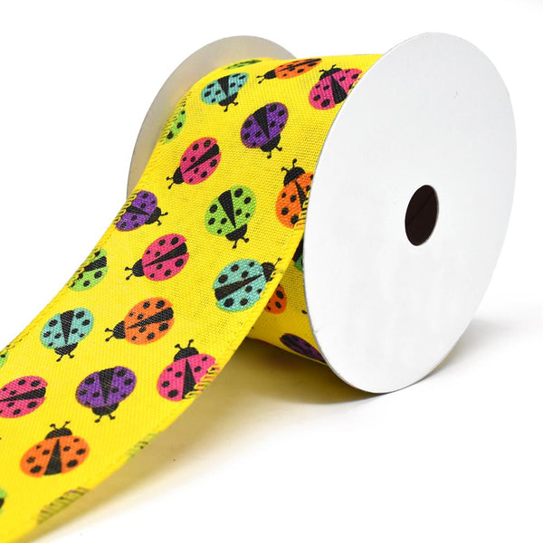 Vibrant Colored Lady Bugs Wired Linen Ribbon, 2-1/2-Inch, 10-Yard, Daffodil