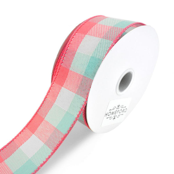 Checkered Plaid Linen Wired Ribbon, Aqua/Coral, 1-1/2-Inch, 10-Yard