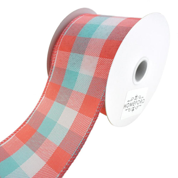 Checkered Plaid Linen Wired Ribbon, Aqua/Coral, 2-1/2-Inch, 10-Yard