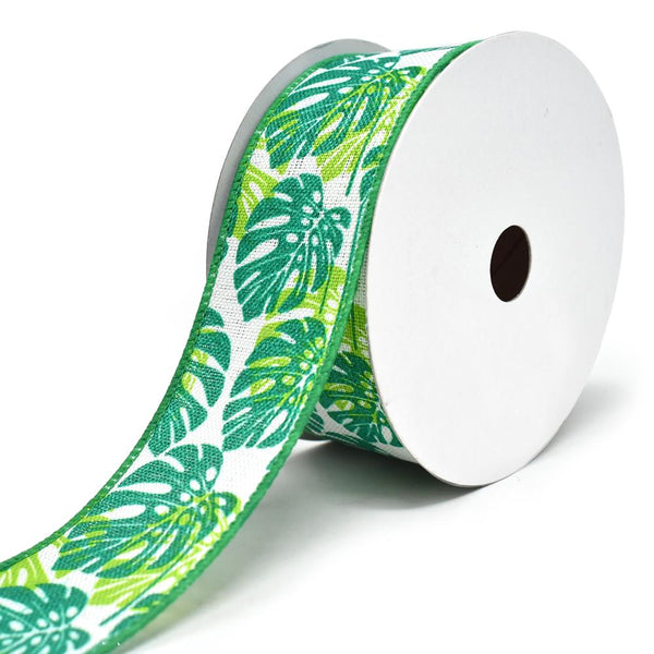 Tropical Monstera Leaves Wired Linen Ribbon, 1-1/2-Inch, 10-Yard, Lime