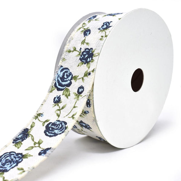 Blooming Rose Wired Canvas Ribbon, 1-1/2-Inch, 10-Yard, Blue