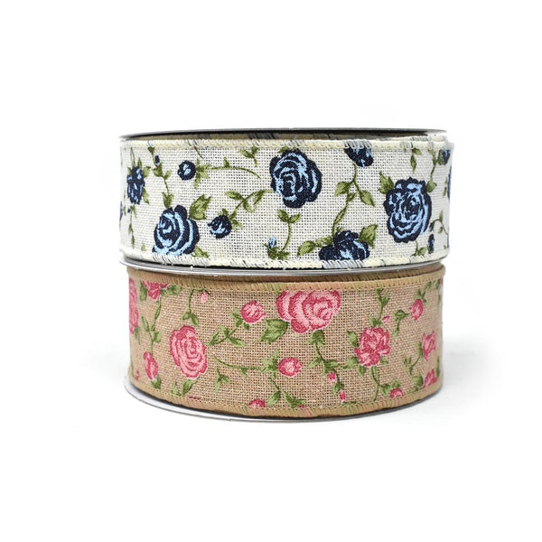 Blooming Rose Wired Canvas Ribbon, 1-1/2-Inch, 10-Yard