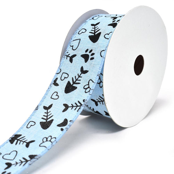 Kitty Paws and Fish Bones Wired Linen Ribbon, 1-1/2-Inch, 10-Yard, Blue