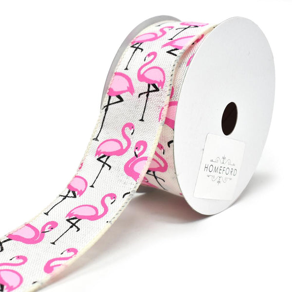 Tropical Flamingo Wired Linen Ribbon, 1-1/2-Inch, 10-Yard, Ivory