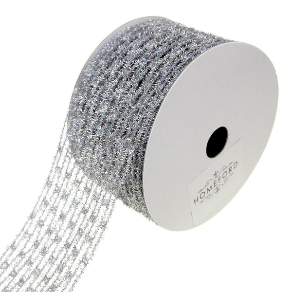 Metallic Tinsel Wired Diamond Netting Mesh Christmas Ribbon, Silver Iridescent, 2-1/2-Inch, 10 Yards