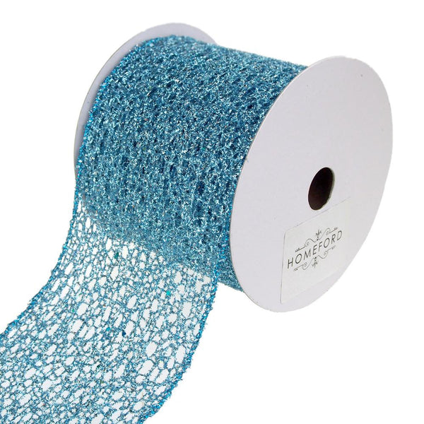 Open Weave Metallic Glitter Tinsel Mesh Christmas Ribbon, Ice Blue, 4-Inch, 10 Yards