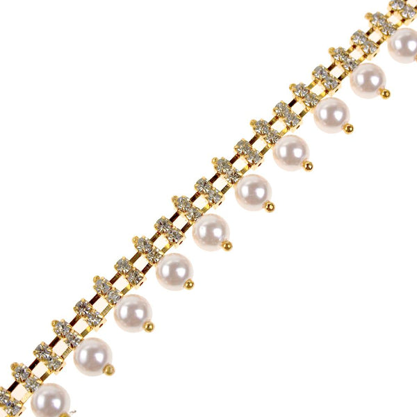 Dual Row Rhinestone with Hanging Pearl Trim, Gold, 3/4-Inch, 1-Yard