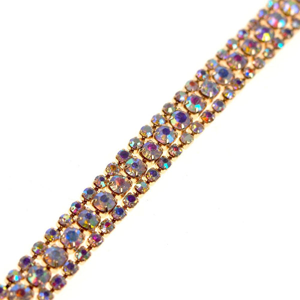 Aurora Borealis AB Crystal Rhinestone Three Row Trim, Iridescent Gold, 8mm, 1-Yard