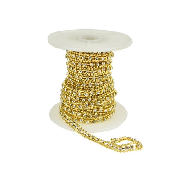 Beaded Edge Diamond Rhinestone Link Roll, Gold, 5mm, 5-Yard