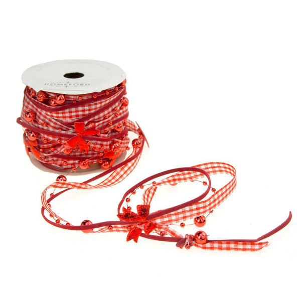 Gingham Bead and Ribbon Christmas Garland with Bow Cutout, Red, 5 yards