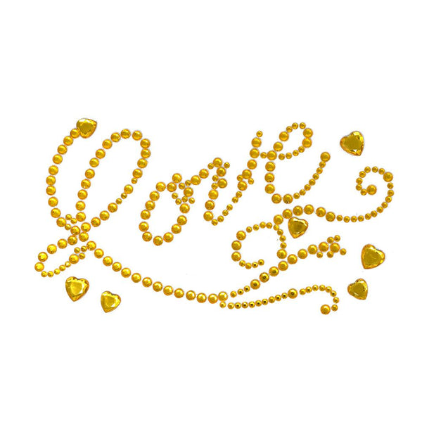 Flourished 'Love' Script and Hearts Rhinestone Stickers, Gold, 7-Inch, 6-Piece