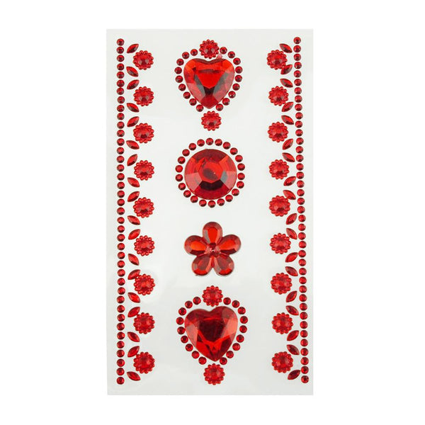 Self-Adhesive Rhinestone Stickers, Circle/Flower/Hearts, 6-count, Red