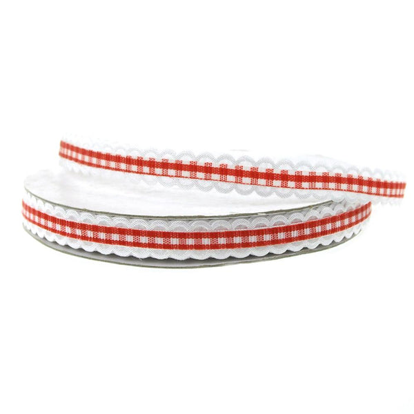 Gingham Picot-edge Polyester Ribbon, 3/8-inch, 25-yard, Red