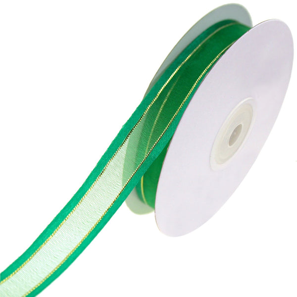 Gold-Lined Satin Edge Organza Ribbon, Emerald, 5/8-Inch, 25-Yard